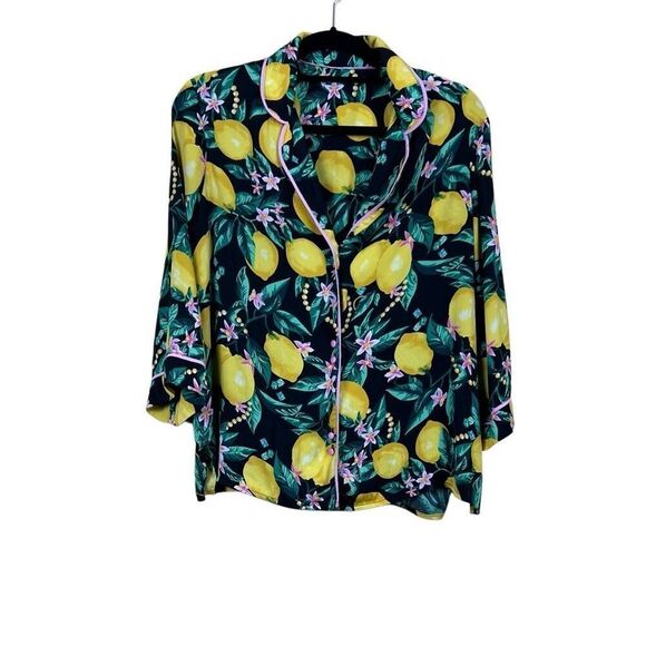 Pj Sleepwear Top Pants Set Yellow Lemon Tropical Fruit Button Down Size S - Picture 4 of 9